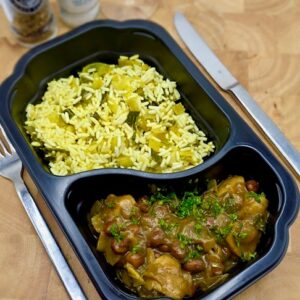 Kapucijners met rijst, spekjes en gebakken champignons