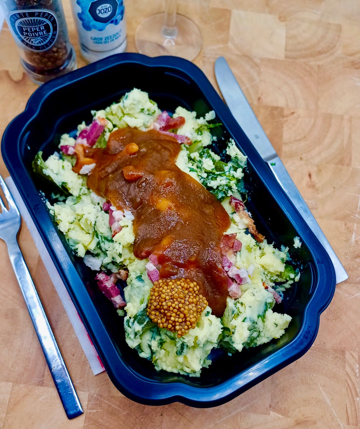 Zomerse stamppot (veldsla-spinazie-ham-ananas)