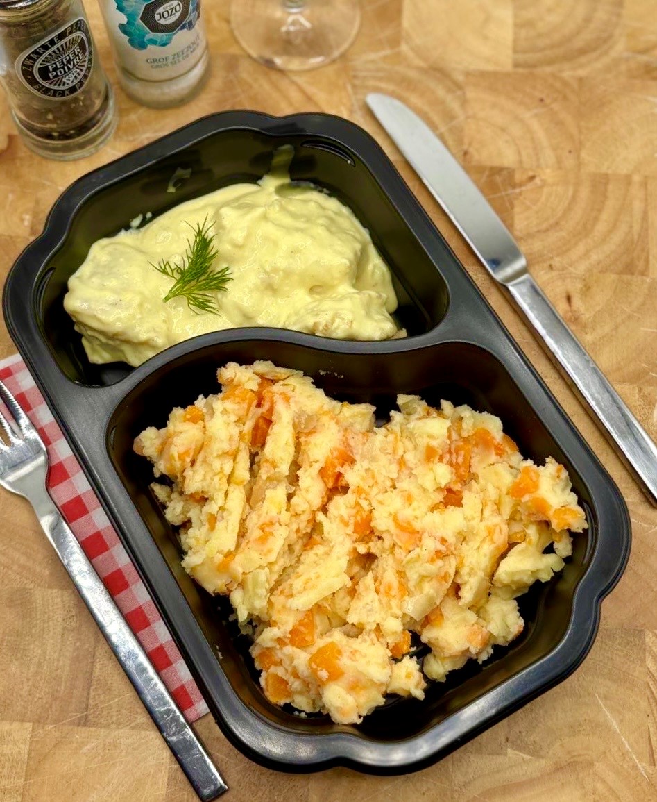 Kabeljauw in mosterdsaus met zoete aardappel stamppot