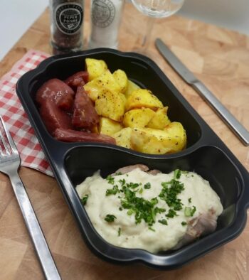 Varkensrollade met mosterdsaus, aardappel & stoofpeer