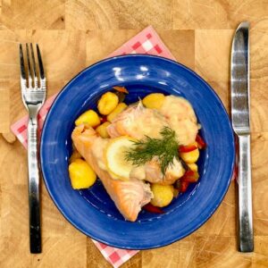 Gegratineerde roodbaarsfilet met wortelpuree
