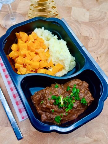 hert stoofschotel pompoen puree